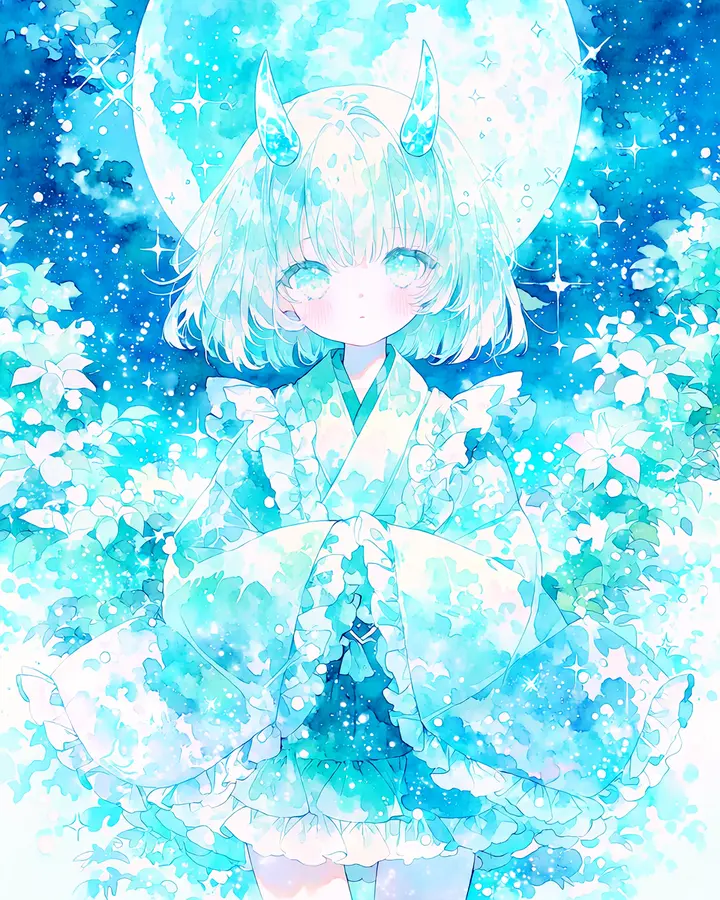 月光と宝石に彩られた、幻想的な空中庭園の鬼娘